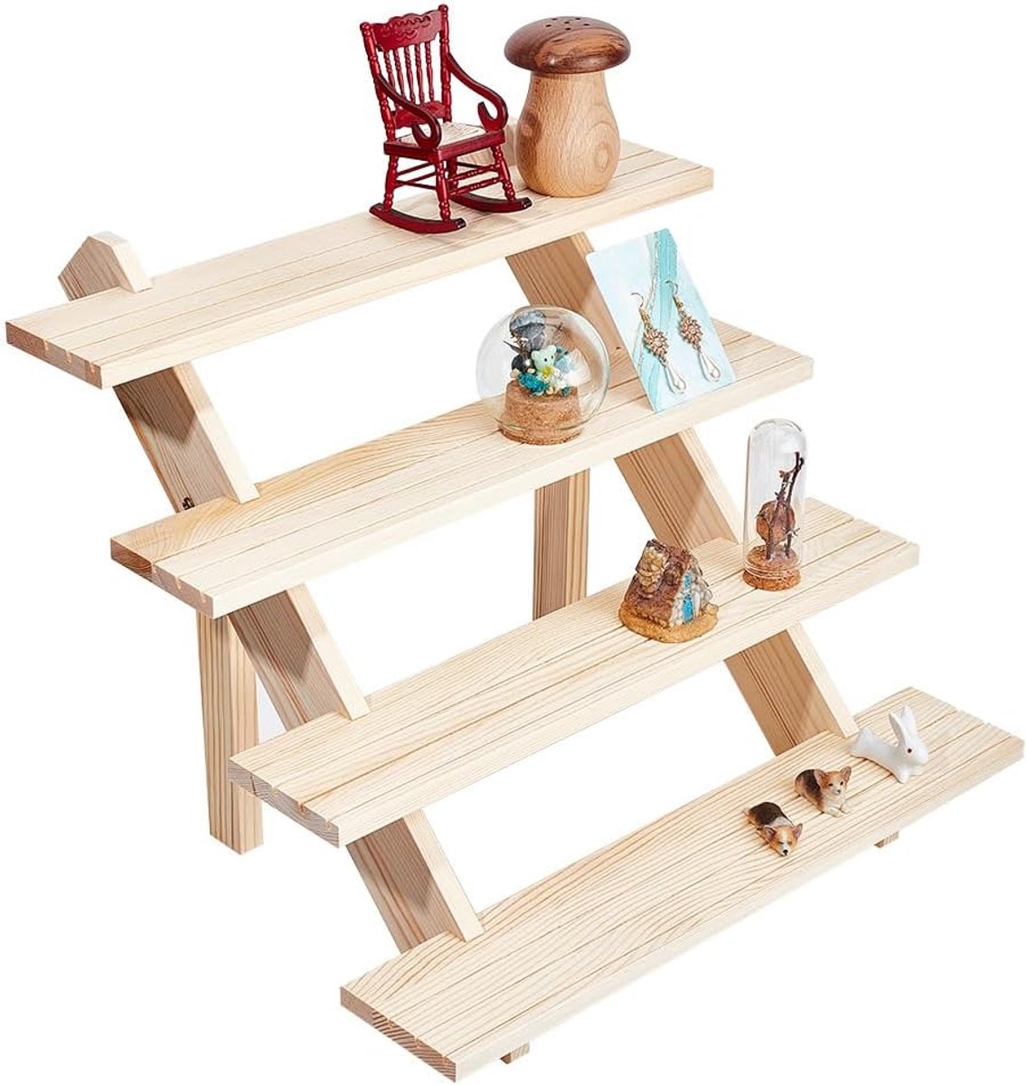 SnelShoppen - 4-Tier Houten Oorbellen Display Stand, Ringenhouder met Sleuven voor Sieraden, 39x40x32 cm, Duurzaam en Creatief Voorraadbeheer