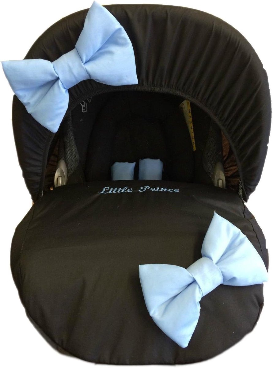 SnelShoppen - Zwart Personaliseerbare Baby Autostoelhoes met Blauw Strik - Comfortabele en Stijlvolle Bescherming voor Autostoel - Perfect voor Kinder