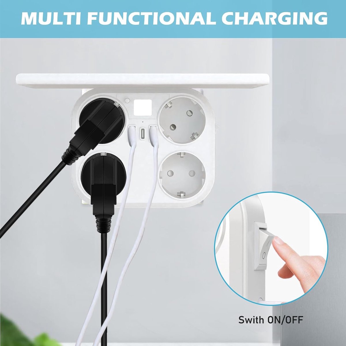 SnelShoppen - Power Strip 4-Way Stekkerdoos met 4 Stopcontacten, 2 USB en 1 USB-C Poort, 7-in-1 Stekkerdoos Adapter voor Thuis en Kantoor, 16A, Met Ve