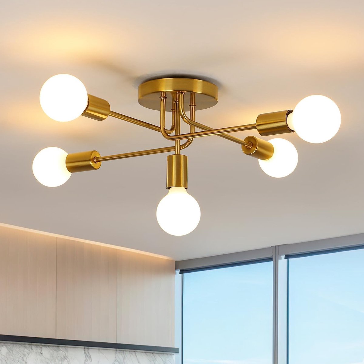 SnelShoppen - Vintage Plafondlamp Retro - 5 Vlam E27 Chandelier Goud Modern voor Woonkamer, Eetkamer, Hal, Restaurant, Hotel, Cafe