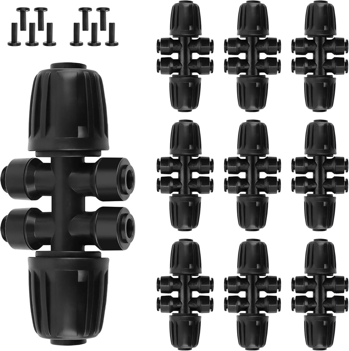 10-delige 1/2 inch naar 1/4 inch T-slang snelkoppeling, push-fit druppelirrigatie set, druppelscheider voor irrigatieslangen met 6-weg verbinding en 10 doppen