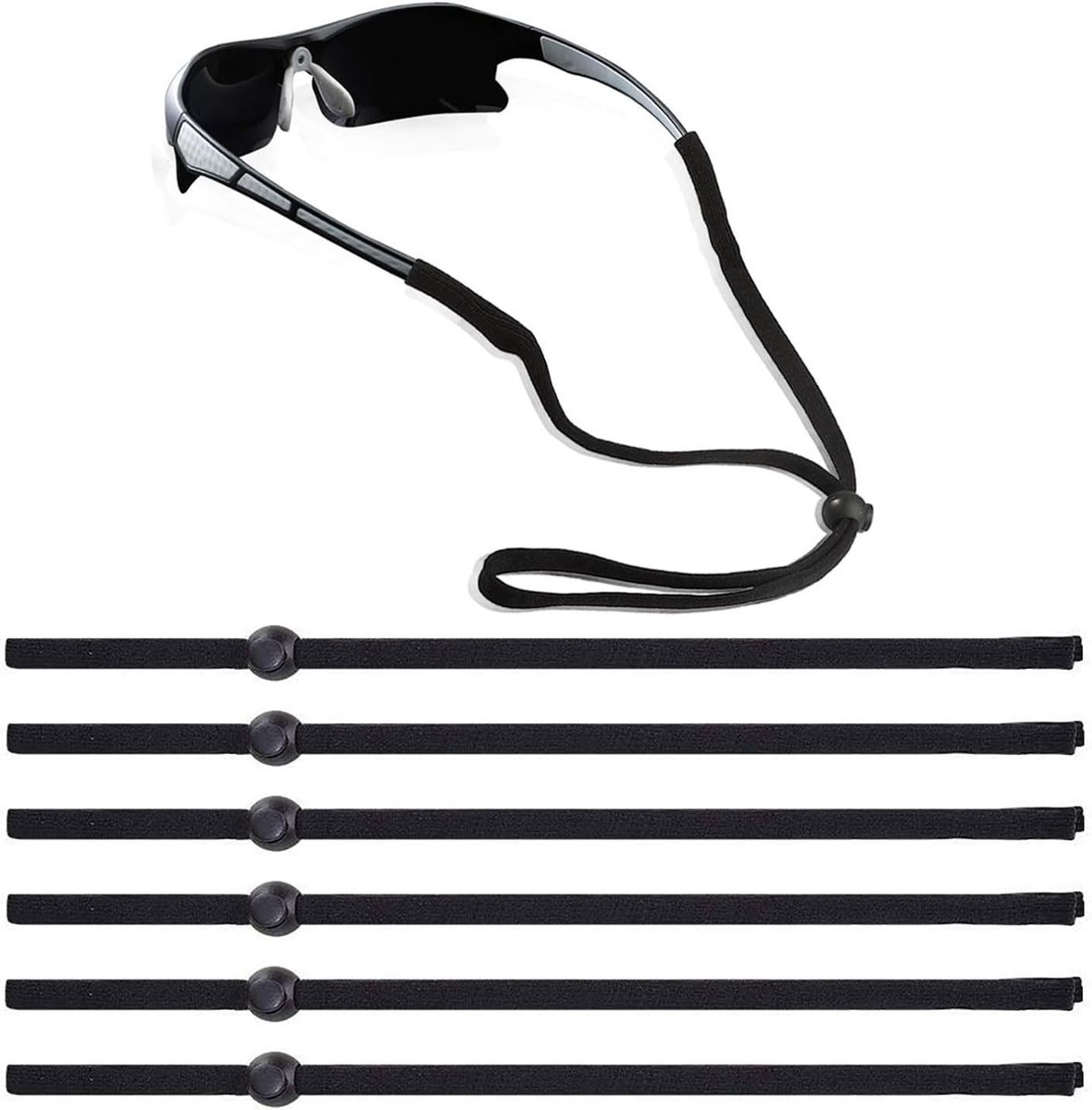 Verstelbare brilbanden - 6 stuks, antislip brilband voor sportbrillen en zonnebrillen, geschikt voor volwassenen en kinderen, zwart, one size