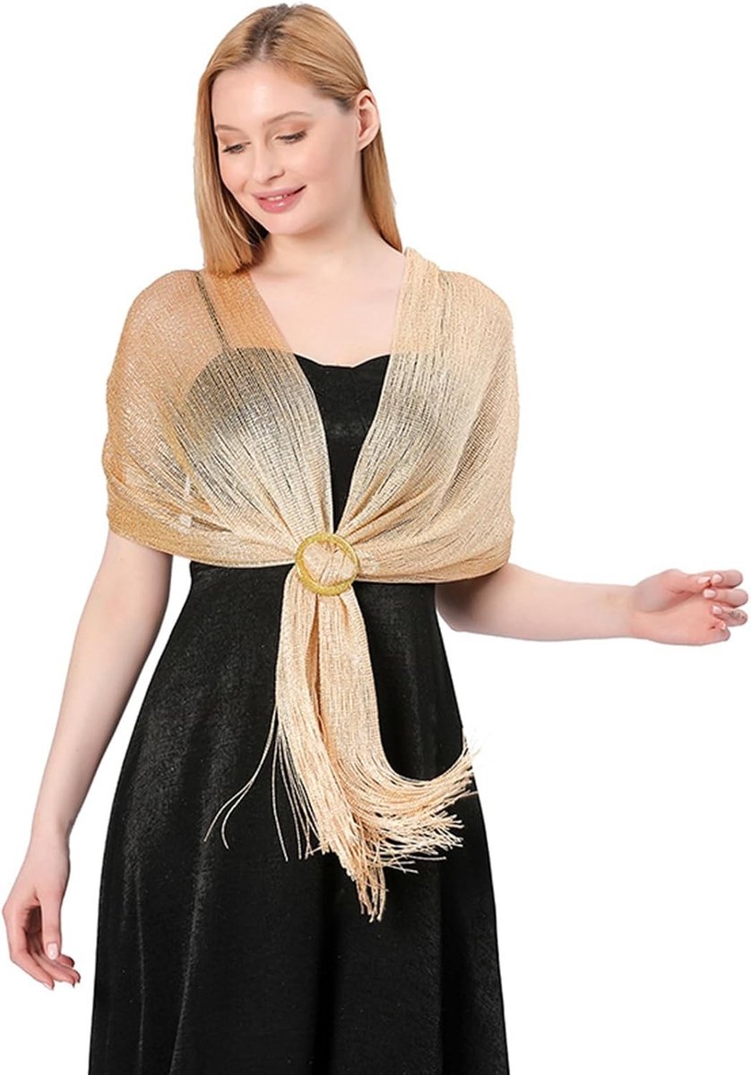 Elegante Sparkling Metallic Sjaals en Wraps met Buckle Tassels voor Avondkleding, Bruiloften en Feestjes, Champagne Goud, One Size, Luxe Accessoire