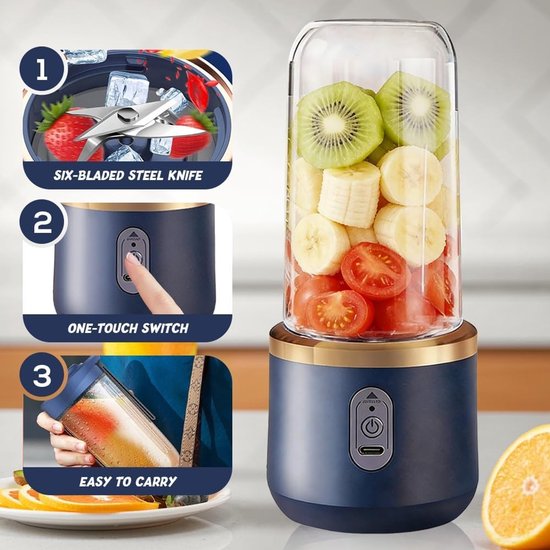Draagbare Blender 400 ml met Vervangbare Beker, USB Oplaadbare Mixermachine voor Smoothies, Milkshakes en Sappen met 6 Messen, Ideaal voor Reizen en Thuisgebruik — afbeelding 2