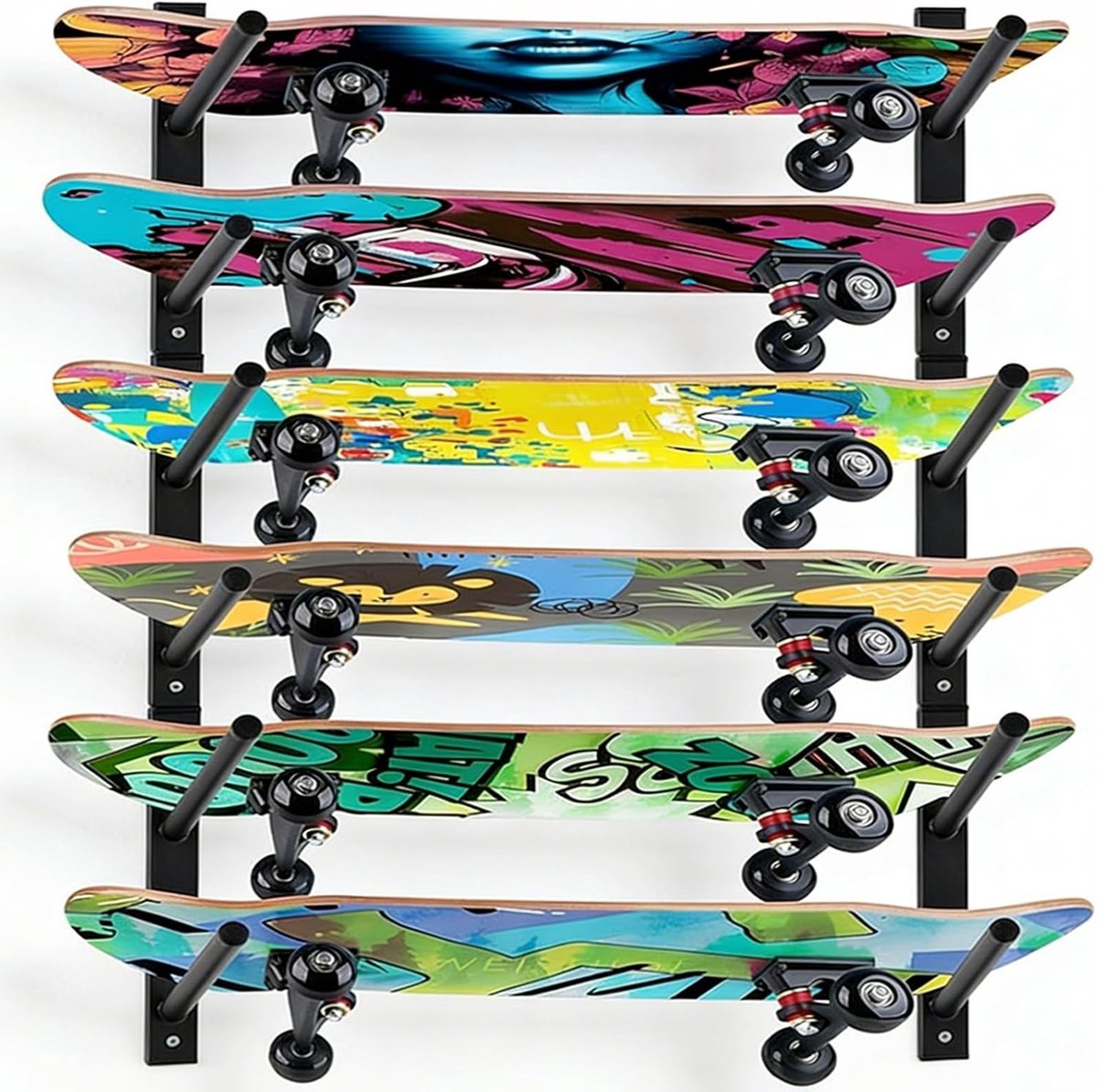 Skateboard Wandhouder - Zwart - 6 Etages - Stalen Wandhouder voor Skateboards, Longboards en Snowboards - Voor Thuis en Garage
