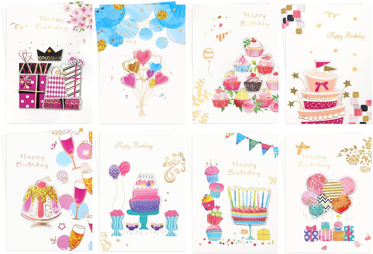 Wenskaarten voor verjaardag, wenskaarten in het assortiment 16 stuks - ShopVlot