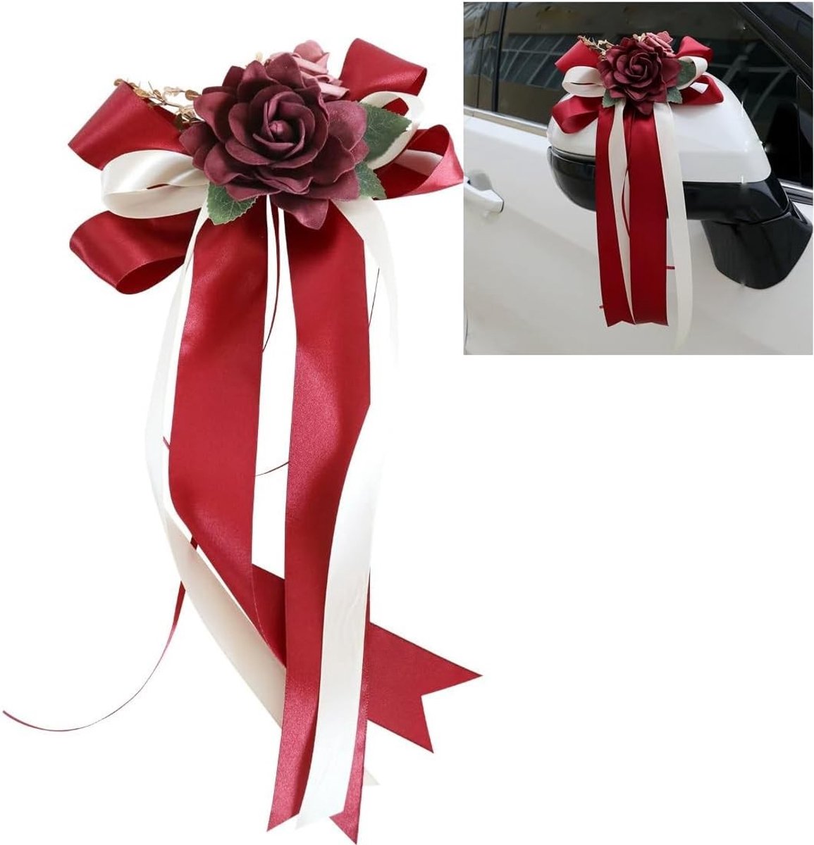 Elegante Rozen Boog Versiering voor Trouwauto - 4 Stuks met Suction Cups en Straps voor Deurhandvat en Achteruitkijkspiegel, Perfecte Bloemdecoratie voor Bruiloft