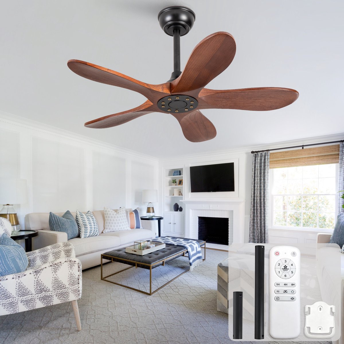 Plafondventilator 36 inch zonder verlichting - zes-snelheden omkeerbare ventilator - antidiefstalmodus - geheugenfunctie voor snelheid - vijf massief houten bladen - ideaal voor kleine appartementen, serres en patio's