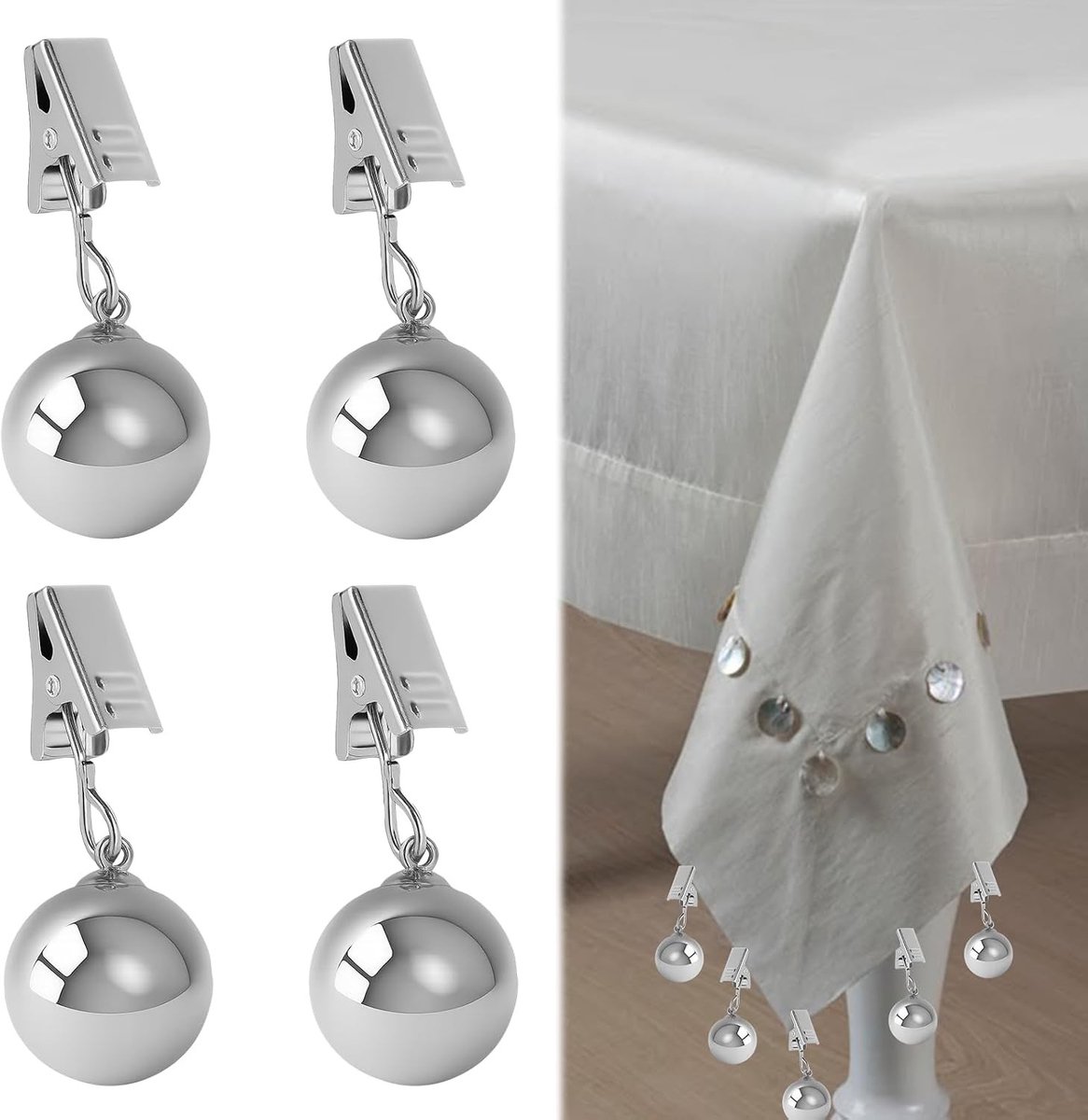 Elegante tafelkleedgewichten van roestvrij staal voor tuintafels en picknicks, winddicht en met sterke clips, 4 stuks, ideaal voor buitengebruik en bescherming tegen wind