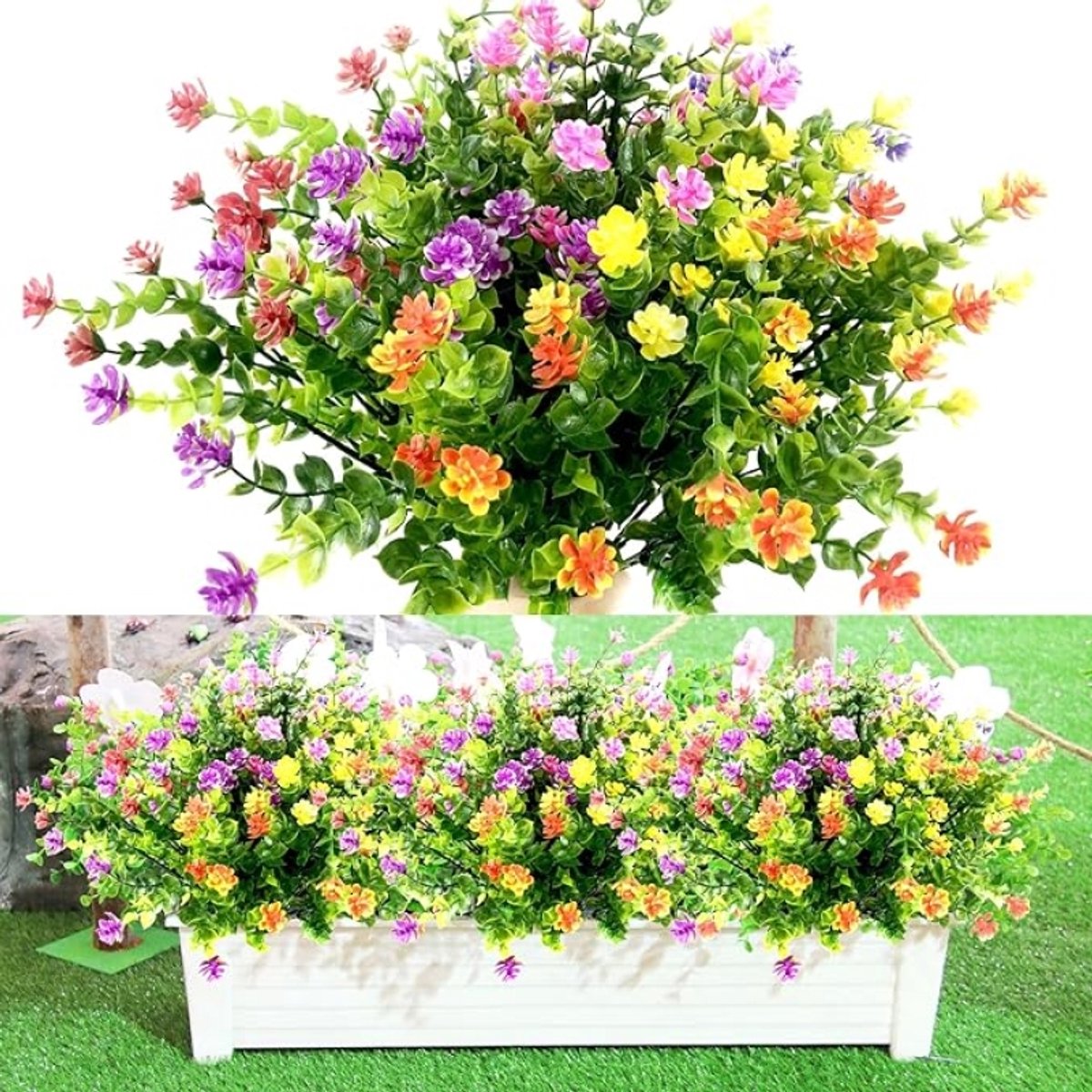 Kunstbloemen set van 7 - UV-bestendige kunstplanten voor binnen en buiten - Gele, paarse, rode, roze, witte en roze bloemen - 36 cm