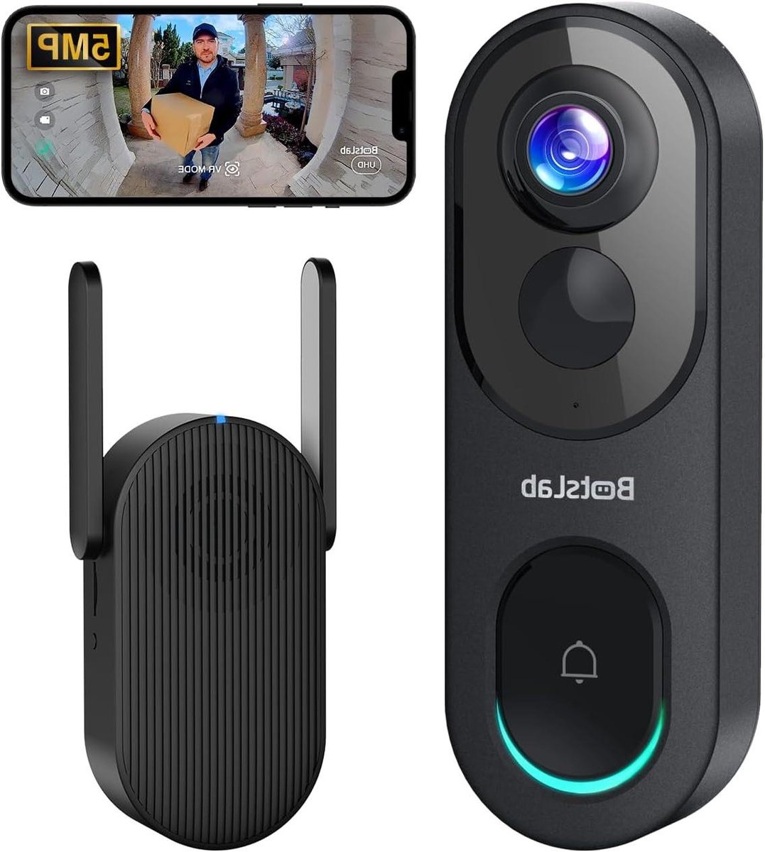Draadloze Deurbel Camera - Slimme Video - Huis Bewaking - 1:1 Hoofd-Voet Zicht - 5 MP - Antraciet