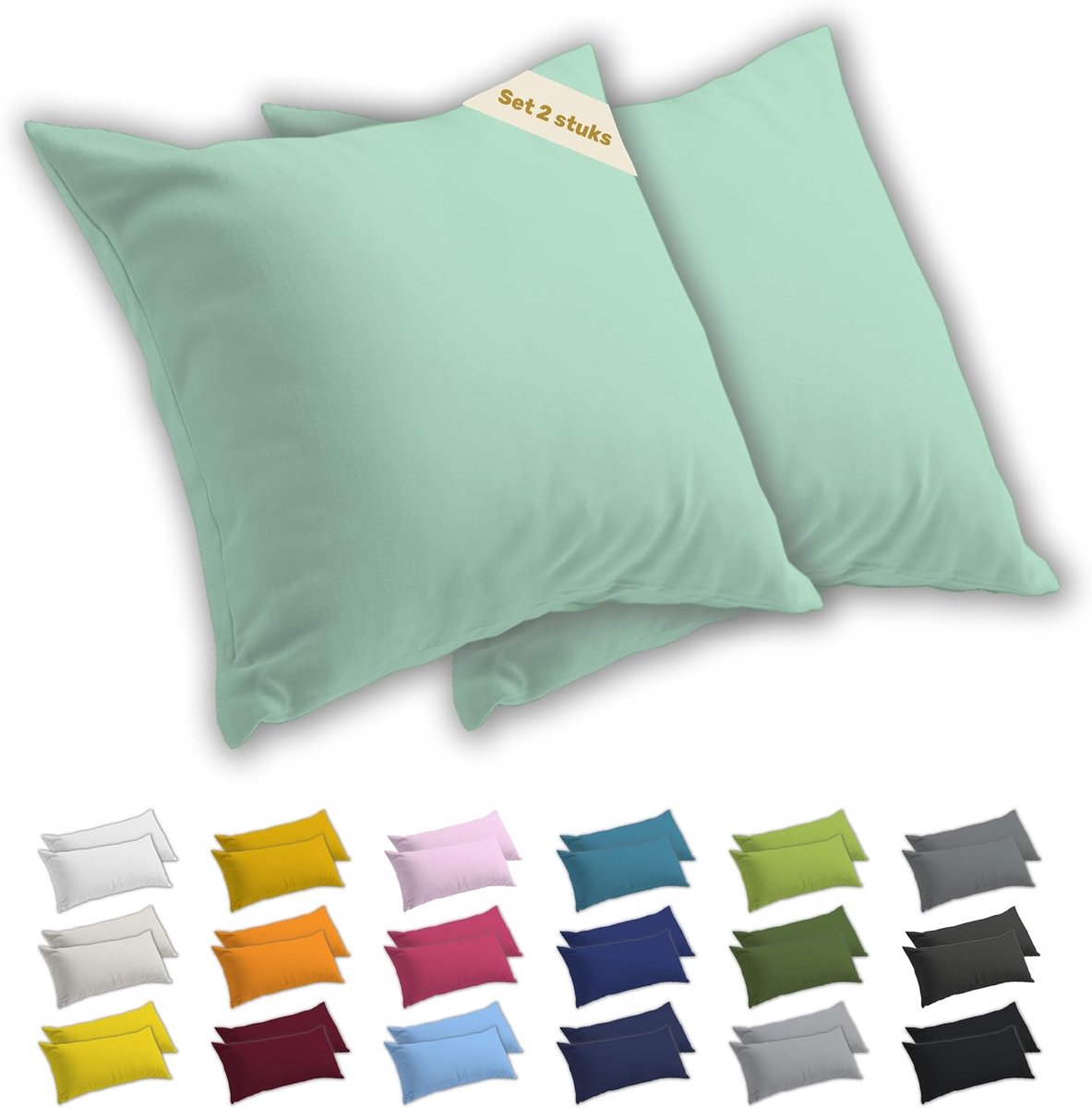 Kussenslopen 60x60 cm set van 2 - 100% zachte jersey katoen - eucalyptusgroen - ademend en comfortabel - ShopVlot