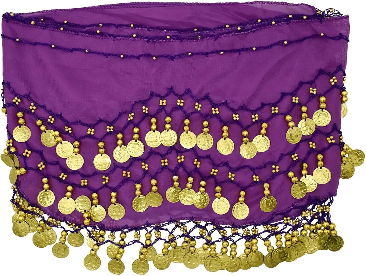 Elegante heupdoek voor buikdansen met 128 gouden munten - Danssjaal voor vrouwen en meisjes, ideaal voor buikdanskostuums en dansoptredens