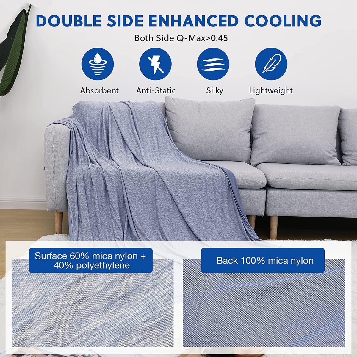 HOMFINE Q-MAX Cooling Blanket for Sofa Bed Cooling Breathable Soft Anti-static Cooling Blanket Blue 130 x 170 cm - ShopVlot