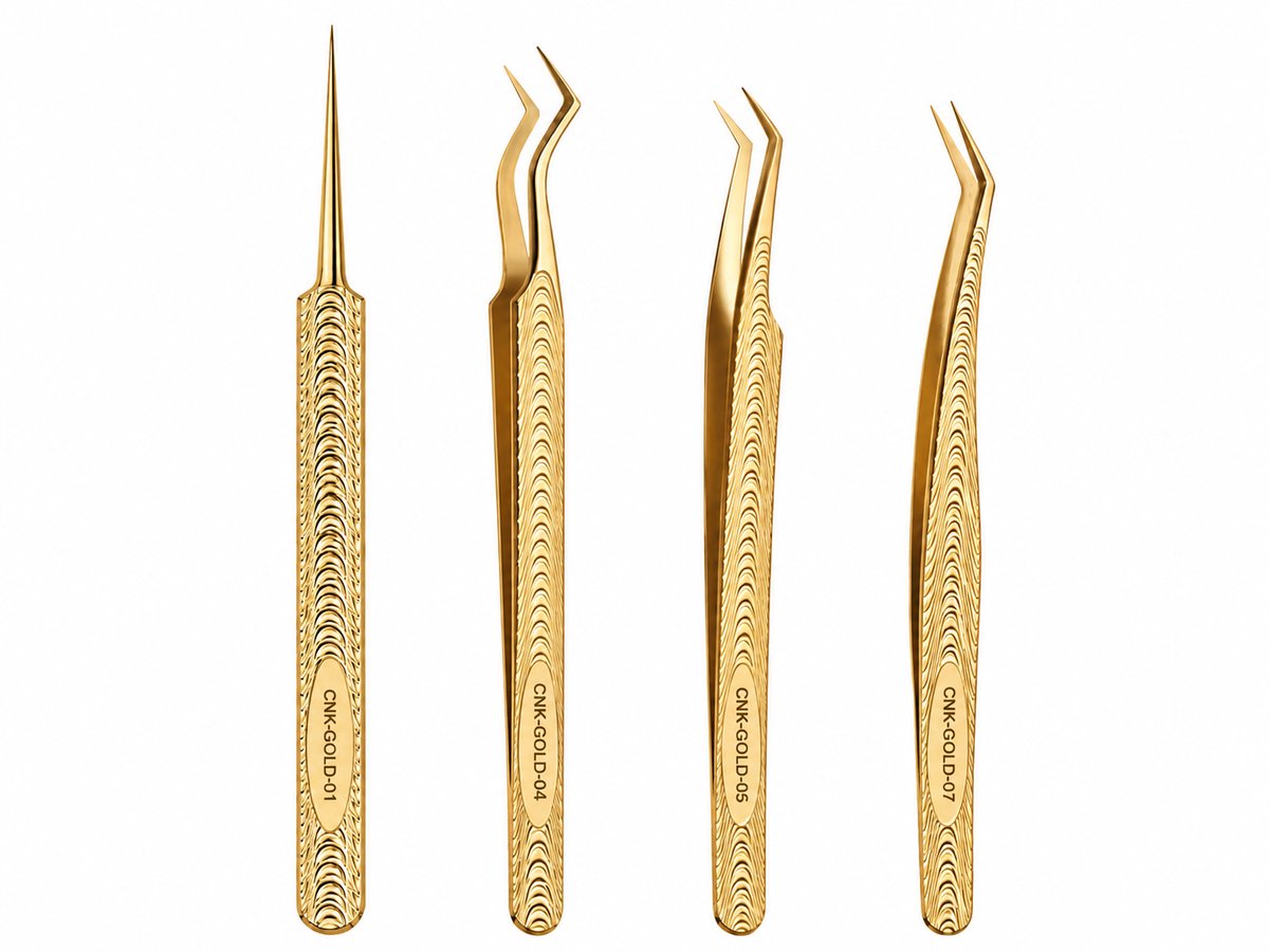 CNK Gold Collection Russian Volume Pincettenset – 4-Delige Professionele Set – Wimperextensions Pincetten – Lash Tweezers – Goud