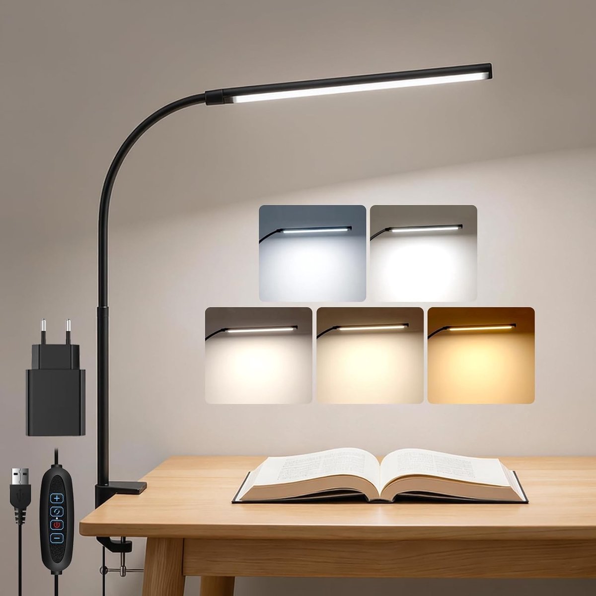 LED Bureau Lamp met Klem en Timer, 5 Kleuren en 10 Helderheidsniveaus, USB Aansluiting en Flexibele Arm voor Thuiswerk en Studeren