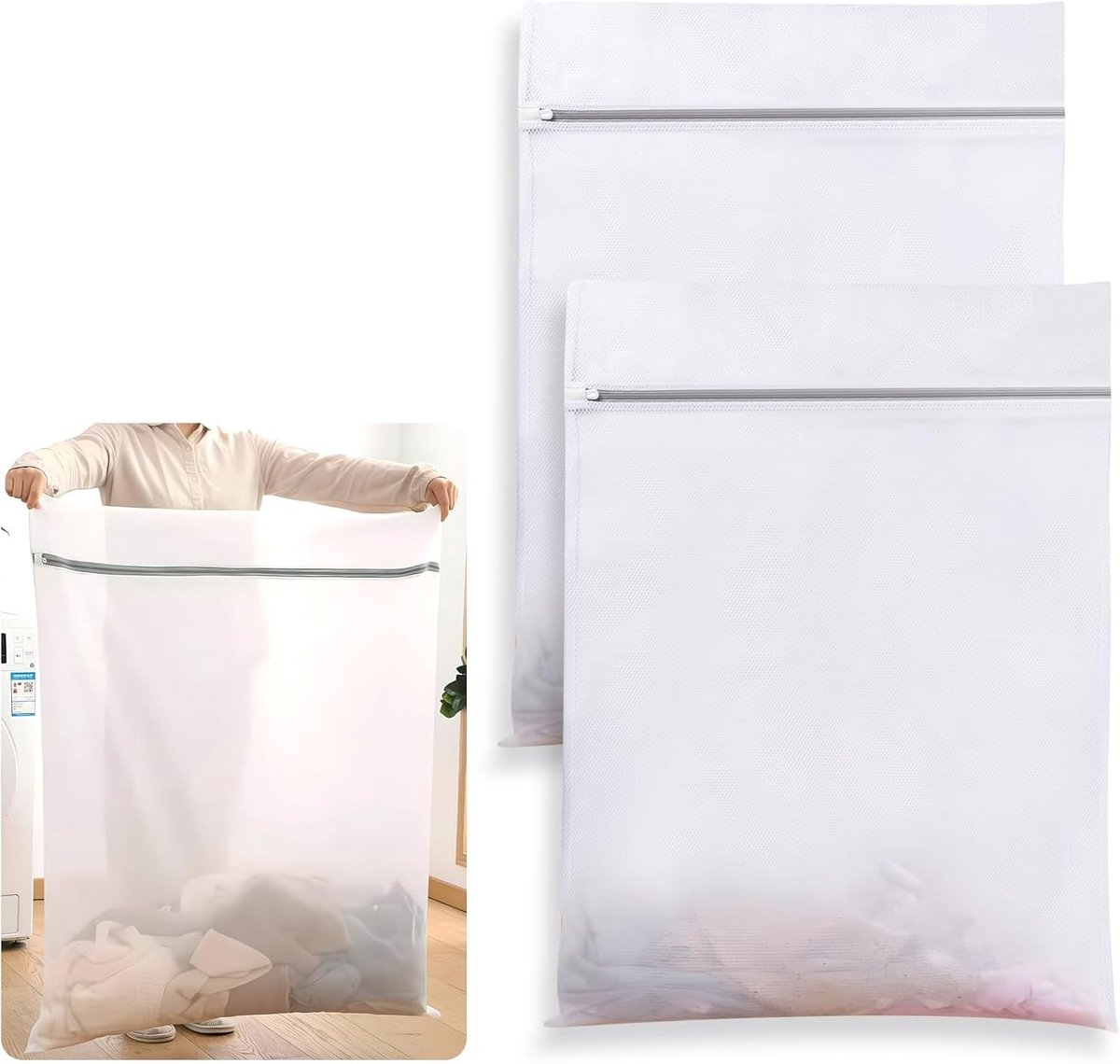 2 stuks grote mesh waszakken met ritsen, 80 x 60 cm herbruikbare waszakken voor wasgoed, delicate waszakken voor truien, jassen, lingerie, voor reisorganisator (XXL, wit)