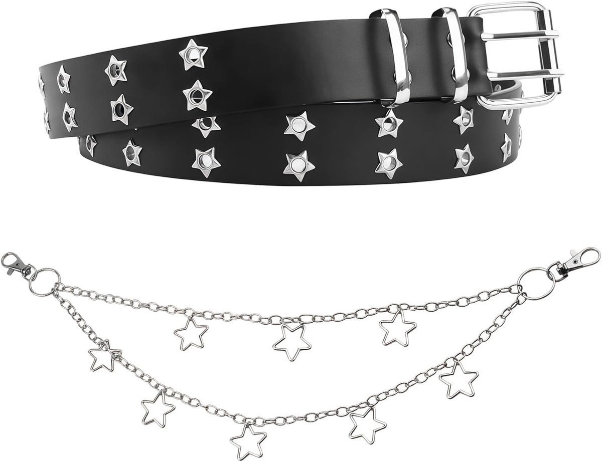 Accessoires Set voor Dames - 2 Delige Zwarte Studs Riem en Afneembare Gelaagde Ster Ketting voor Goth Punk Grunge Stijl, Halloween Kostuum en Dagelijks Gebruik