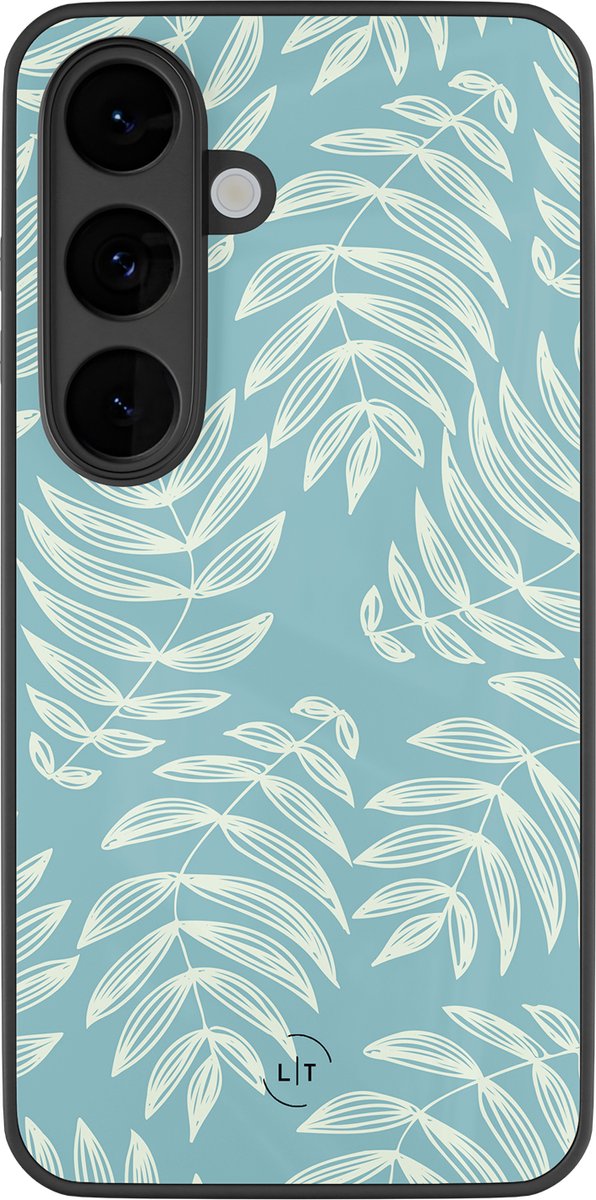 Hoesje geschikt voor Samsung Galaxy S26 - Pastel leaves - Luxe Glazen Hardcase - Print / Illustratie - Blauw