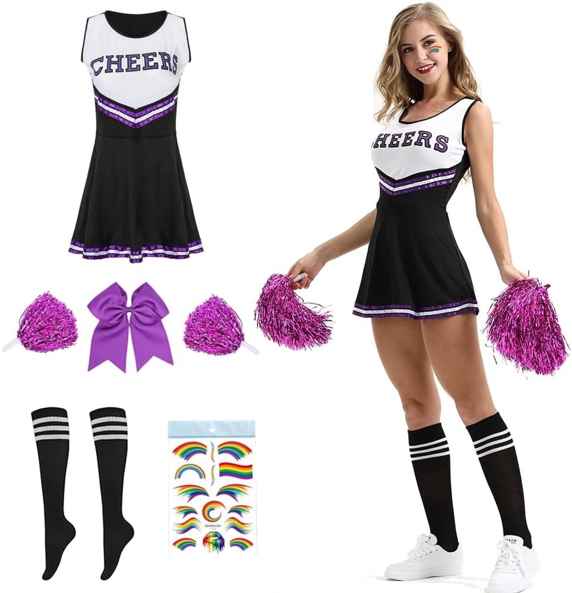 Vrouwelijk Cheerleader Kostuum Maat S, Inclusief Pompoms en Sokken, Perfect voor Carnaval en Halloween Feesten