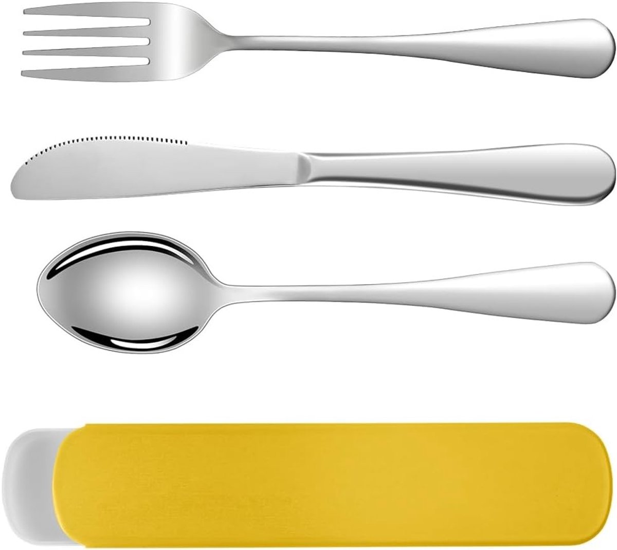 Camping Bestekset van 3 Stukken, Herbruikbaar RVS Bestek met Plastic Doos, Ideaal voor Kamperen, Picknicken en Reizen - Geel