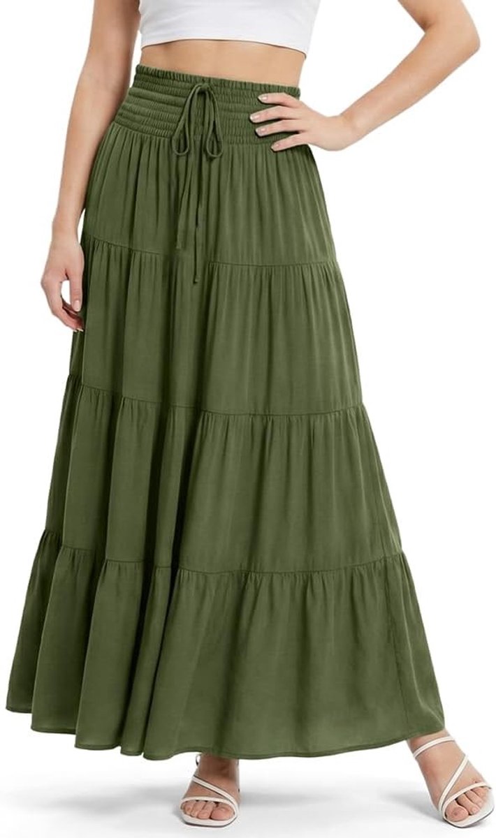 Vloeiende A-lijn Maxi Rok voor Dames met Elastische Taille en Touwtje, Casual Boho Stijl voor Strand en Dagelijks Gebruik