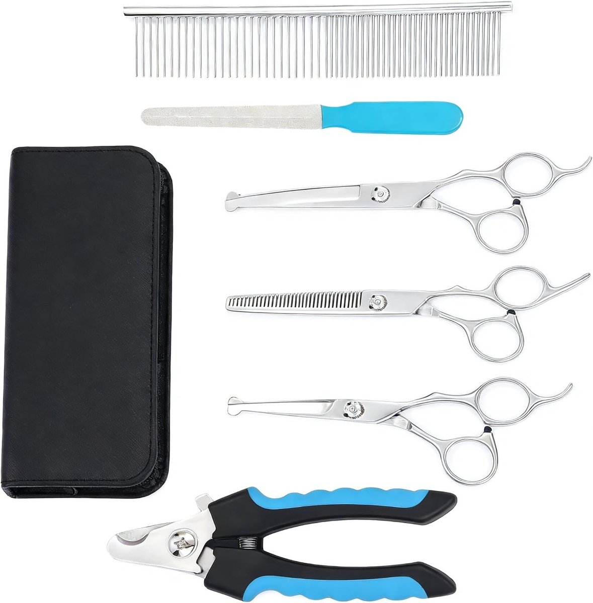 Complete Set van 6 Professionele Scharen voor Honden en Katten, Roestvrij Staal, Dierenverzorging en Veiligheidsaccessoires