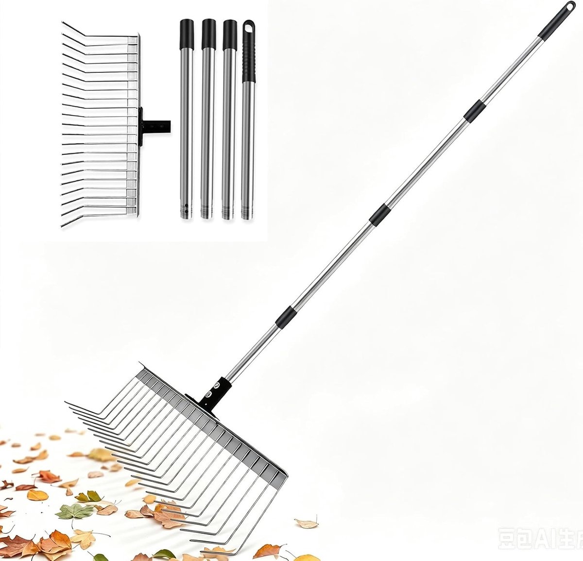 Robuuste Hark voor Bladeren met RVS Handvat van 160 cm en 21 Tanden, Ideaal voor Tuin, Gazon en Mulch, Efficiënt Bladeren Verzamelen en Tuinonderhoud