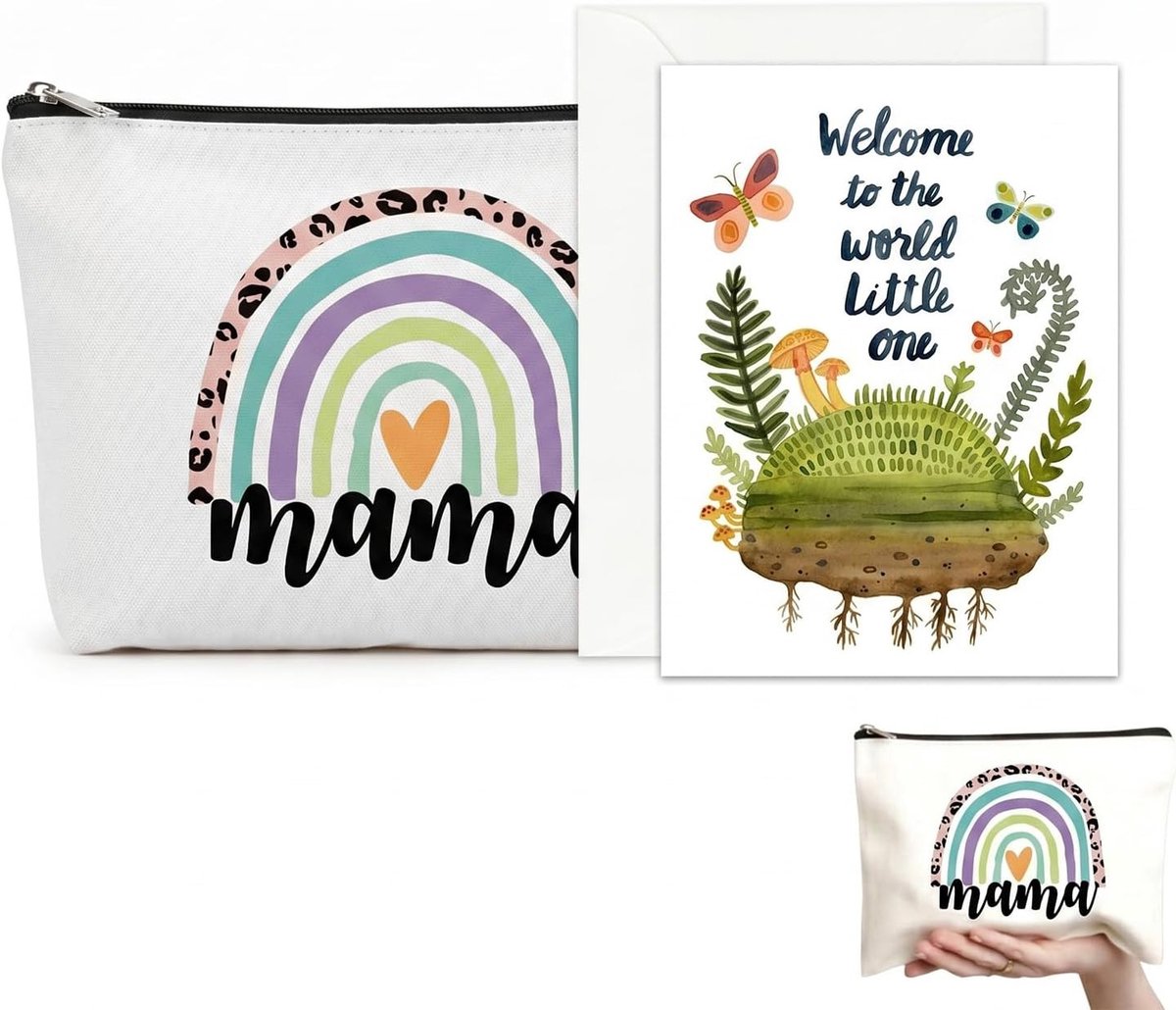 Praktische schoonheidstas met regenboogprint en wenskaart, ideaal cadeau voor vrouwen en aanstaande moeders, 22 x 17 cm, trendy en functioneel accessoire