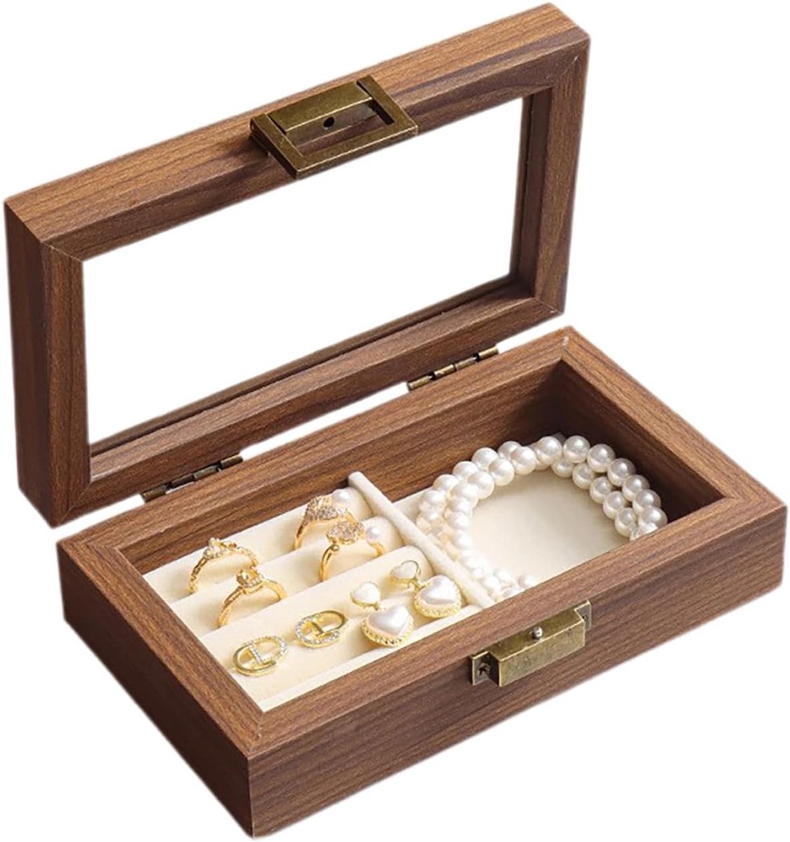 Vintage Houten Sieradenopbergdoos met Glazen Deksel, Perfect voor Ringen, Oorbellen, Kettingen en Armbanden, Stijlvolle Sieraden Organizer en Display Case