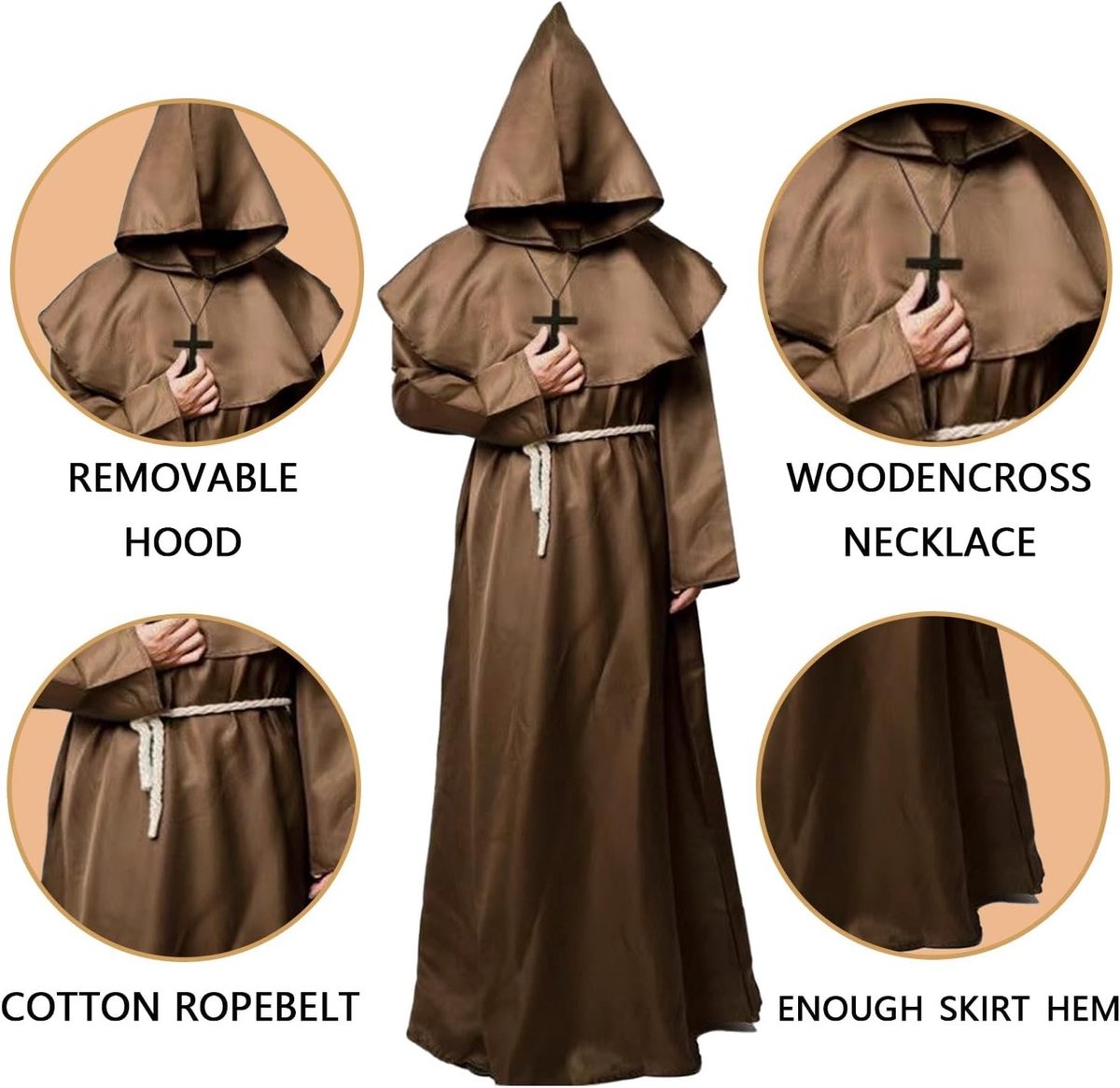 Monnikskleed voor Mannen, Priester Kostuum met Kap en Kruis, Perfect voor Halloween, Carnaval en Middeleeuwse Feesten
