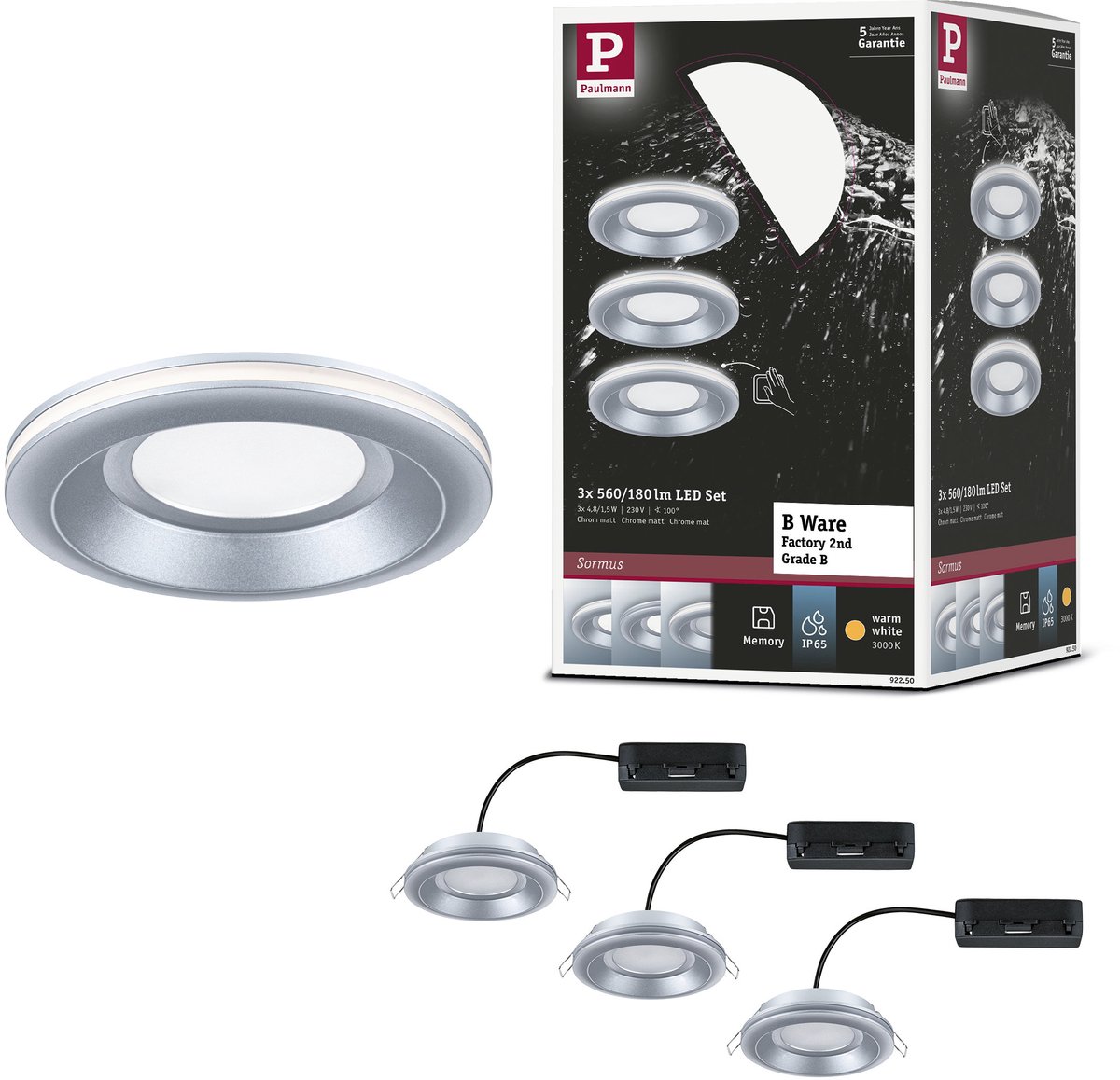 LED-inbouwlamp B-waar Sormus Set van 3 IP65 rond 100 mm 3x4,8W / 1,5W 3x300lm 230V 3000K Chroom mat