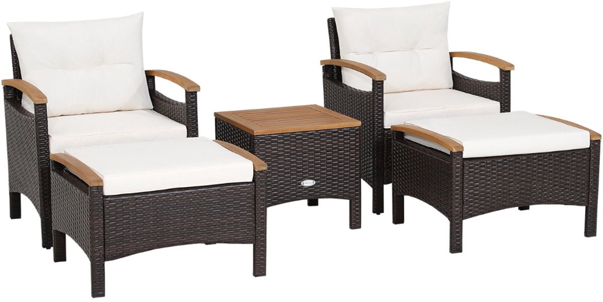 SureDeal® - 5-Delige Rotan Terrasmeubelset - Loungeset - Bank - Houten Blad - Tuinbank - Tuinmeubel - Buiten