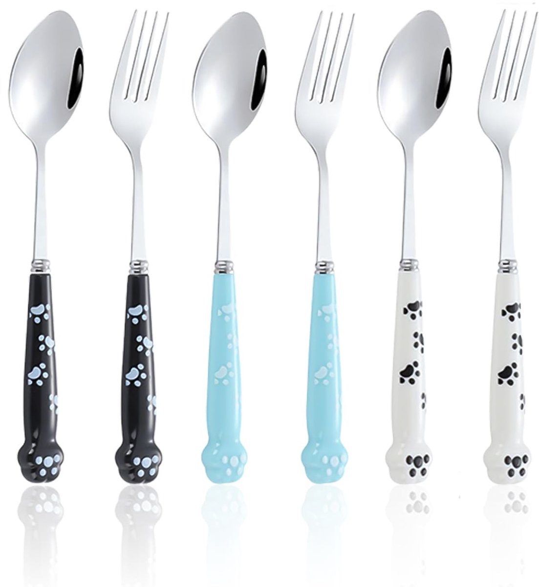Set van 6 Kattenklauw Lepels - Roestvrij Staal - Blauw/Wit/Zwart