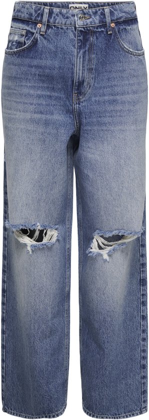 Lichtblauwe spijkerbroek met wijde pijpen en gescheurde knieën. Lage taille met riemlussen.