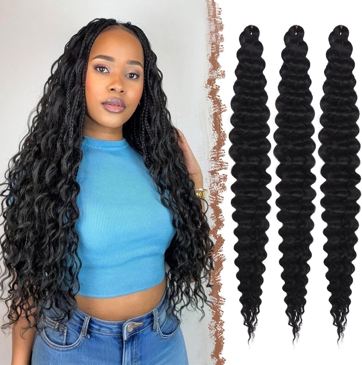 Diepe Golf Haarknopen - 3 Pakketten Synthetische Vlecht Extensions voor Vrouwen - Bohemian Krullend Haar van 55 cm, Perfect voor Stijlvolle Looks en Haaraccessoires