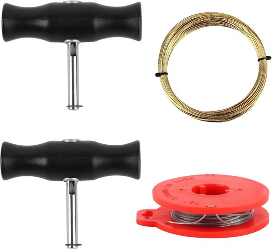 Twee zwarte handgrepen met metalen stangen, een rol met goudkleurig draad, een rode spoel met zilverkleurig draad.