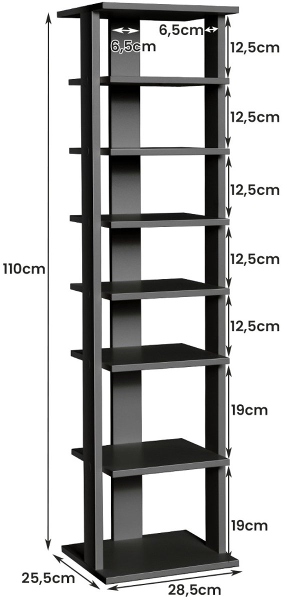 SureDeal® - Schoenenkast - Schoenenrek Hout Traps - Wit - Zwart - Grijs - 28,5x25,5x110 cm - Donkerbruin