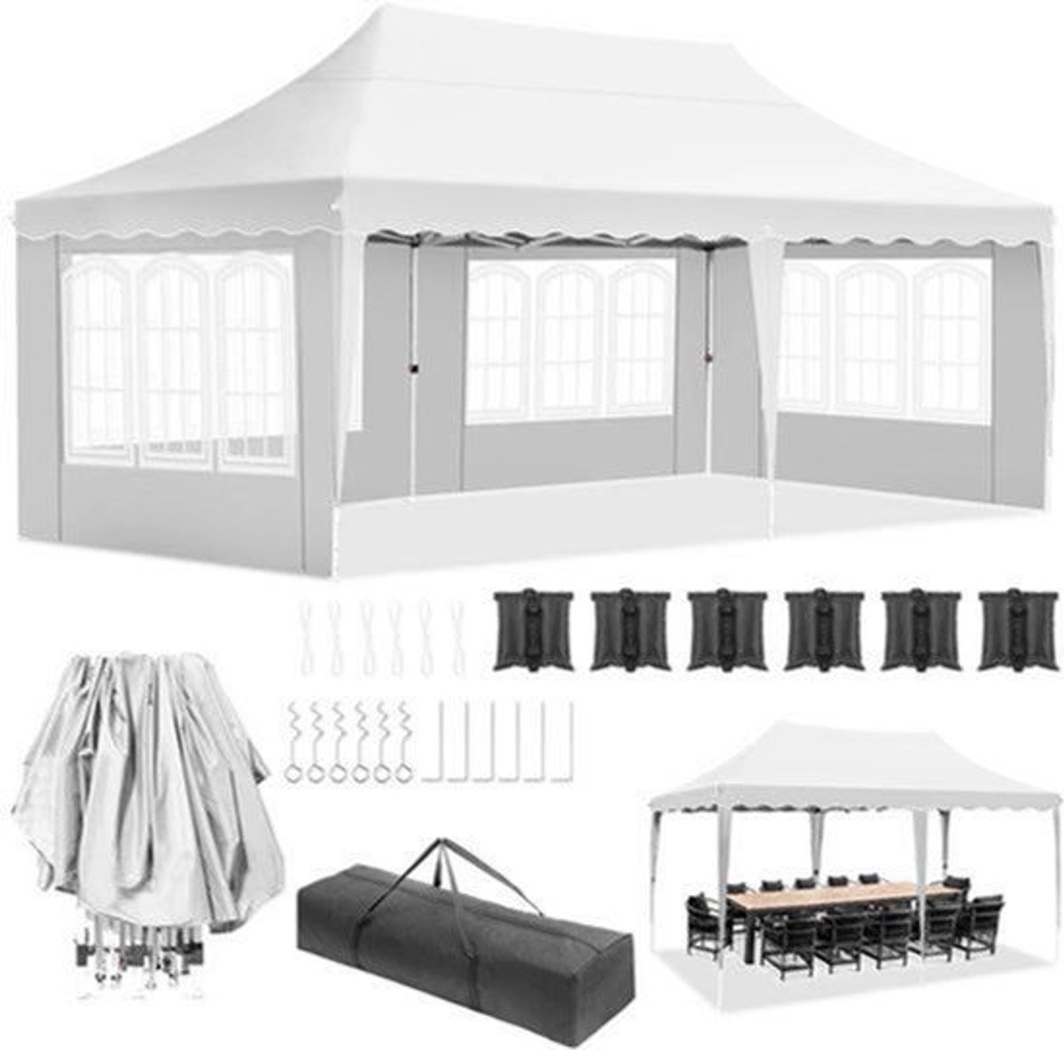 Tuinpaviljoen – Partytent – Pop-Up Tuinhuisje – Overkapping Tuin – Evenementen Tent – Markt Tent – Waterdicht – Aluminium Frame – Verstelbare Hoogte - 3x6m - Wit