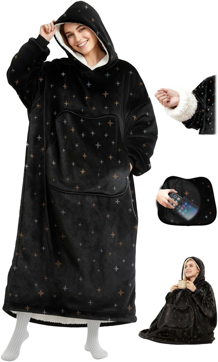 Draagbare deken hoodie - Zwart met sterren