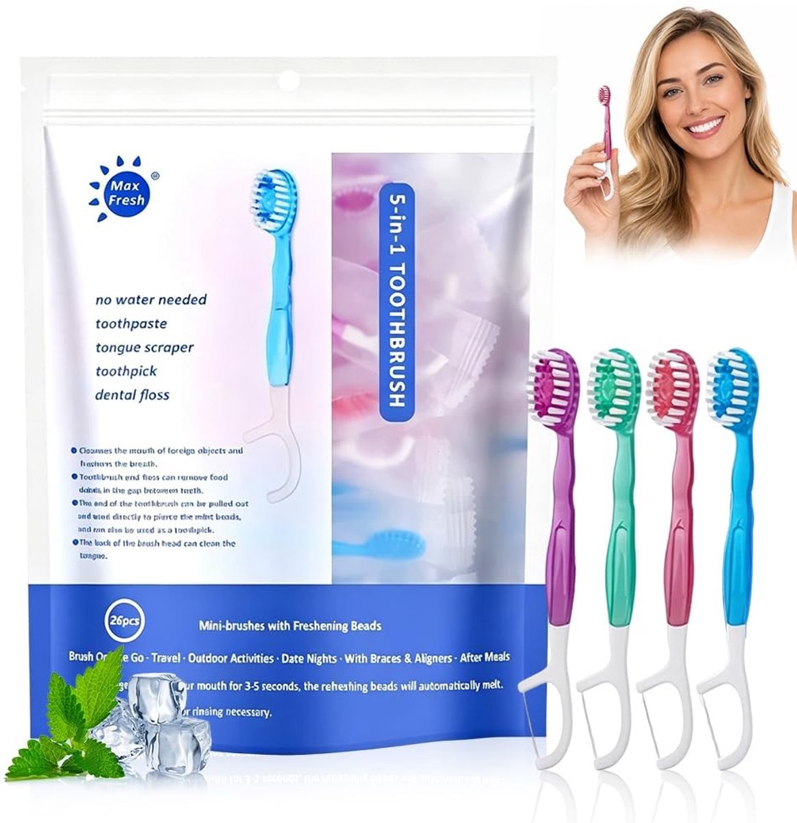 Mini Tandenborstel Set - 5-in-1 Wegwerptandenborstels met Tandpasta