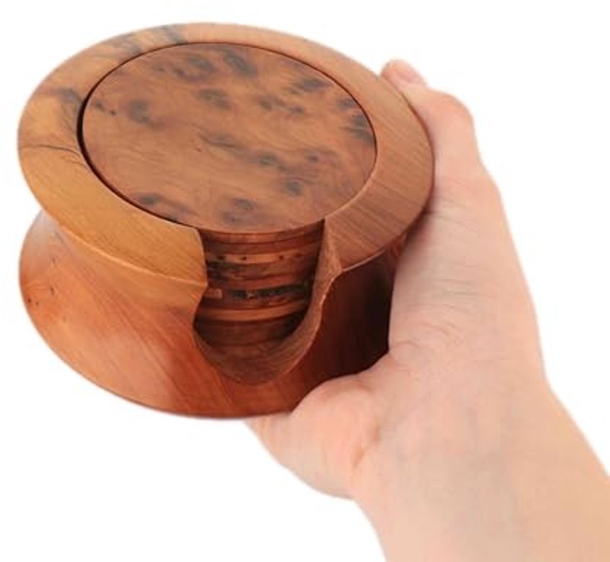 Set van 12 Houten Onderzetters - Diameter 10 cm - Met Houder