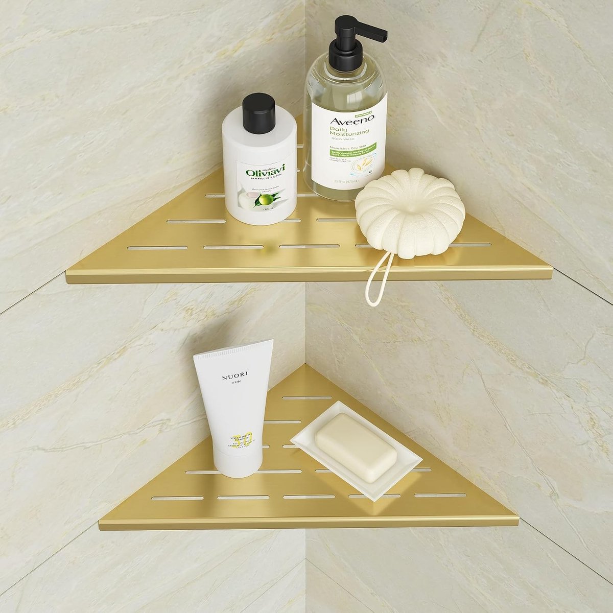 Hoekplank Set van RVS voor Douche - 2 Stuks Goud, Ingebouwde Plank Organisator voor Badkamer en Keuken met Ruimtebesparing