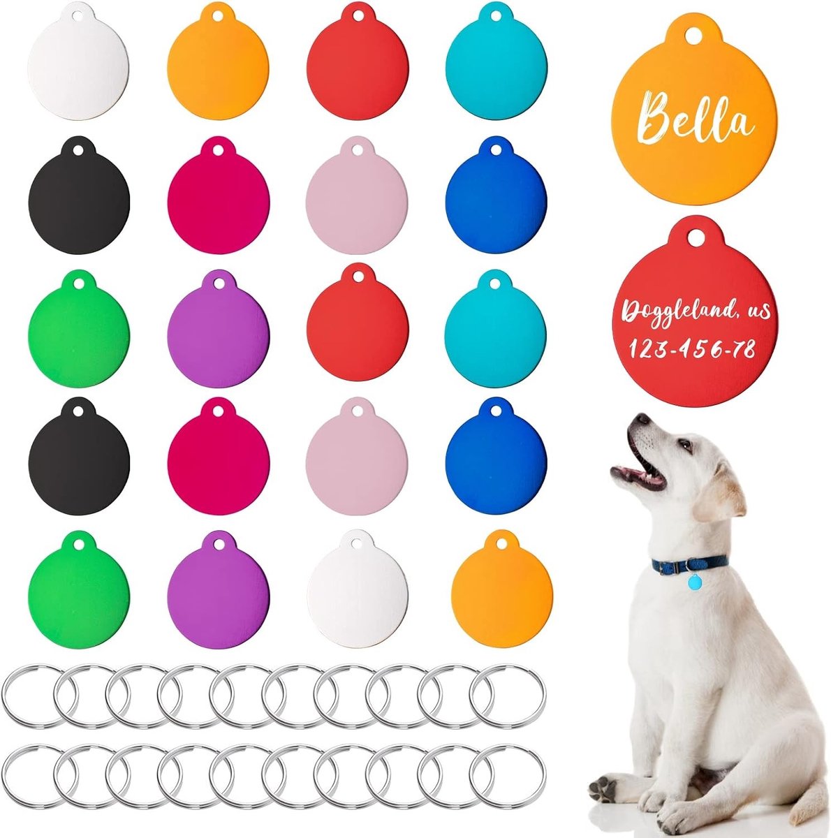 Ronde aluminium hondenidentificatietags - 20 stuks, blanco gegraveerde naam- en telefoonlabels met sleutelhangers, 1.38x1.26 inch, ideaal voor huisdierenidentificatie en veiligheid