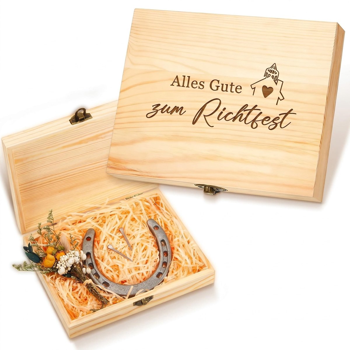 Hoefijzer Geluksbrenger met Houten Doos - Cadeau voor Housewarming