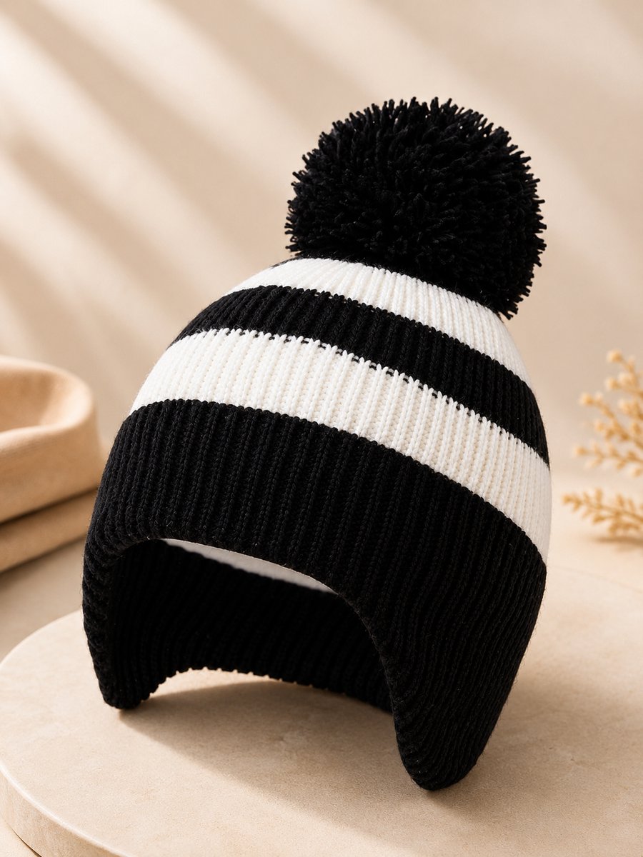 Baby Jongens Meisjes Wintermuts en Kraag Sjaal Set Gebreide Kleuter Oorflappen Muts Warme Petten met Fleecevoering en Pompon 2 Pak