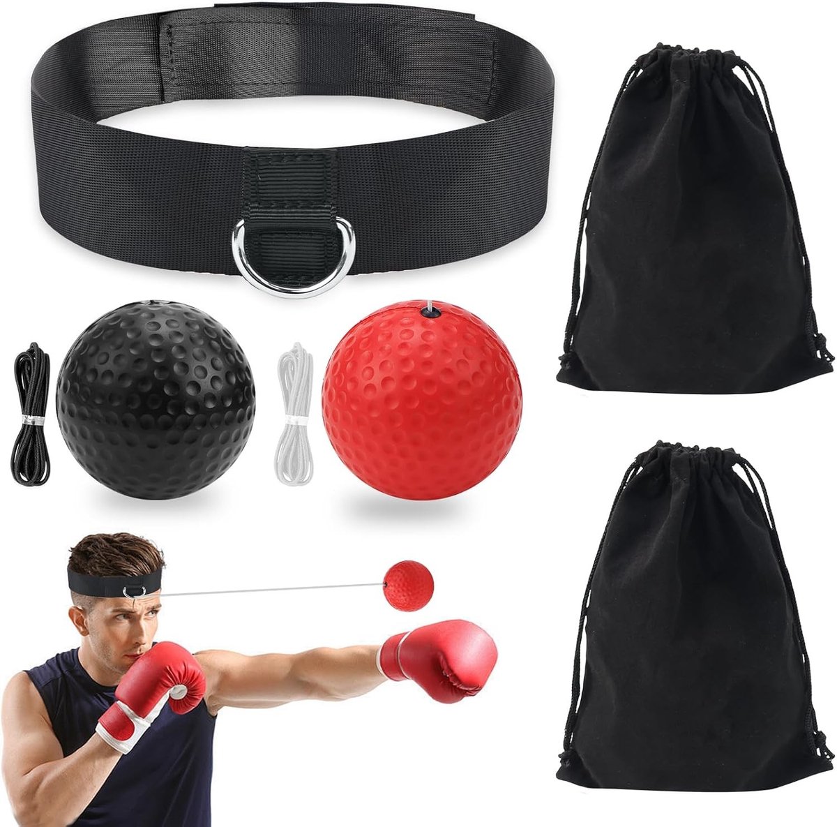 Reflexbal set voor bokstraining, 2 boksballen met hoofdband voor reactievermogen en behendigheidstraining