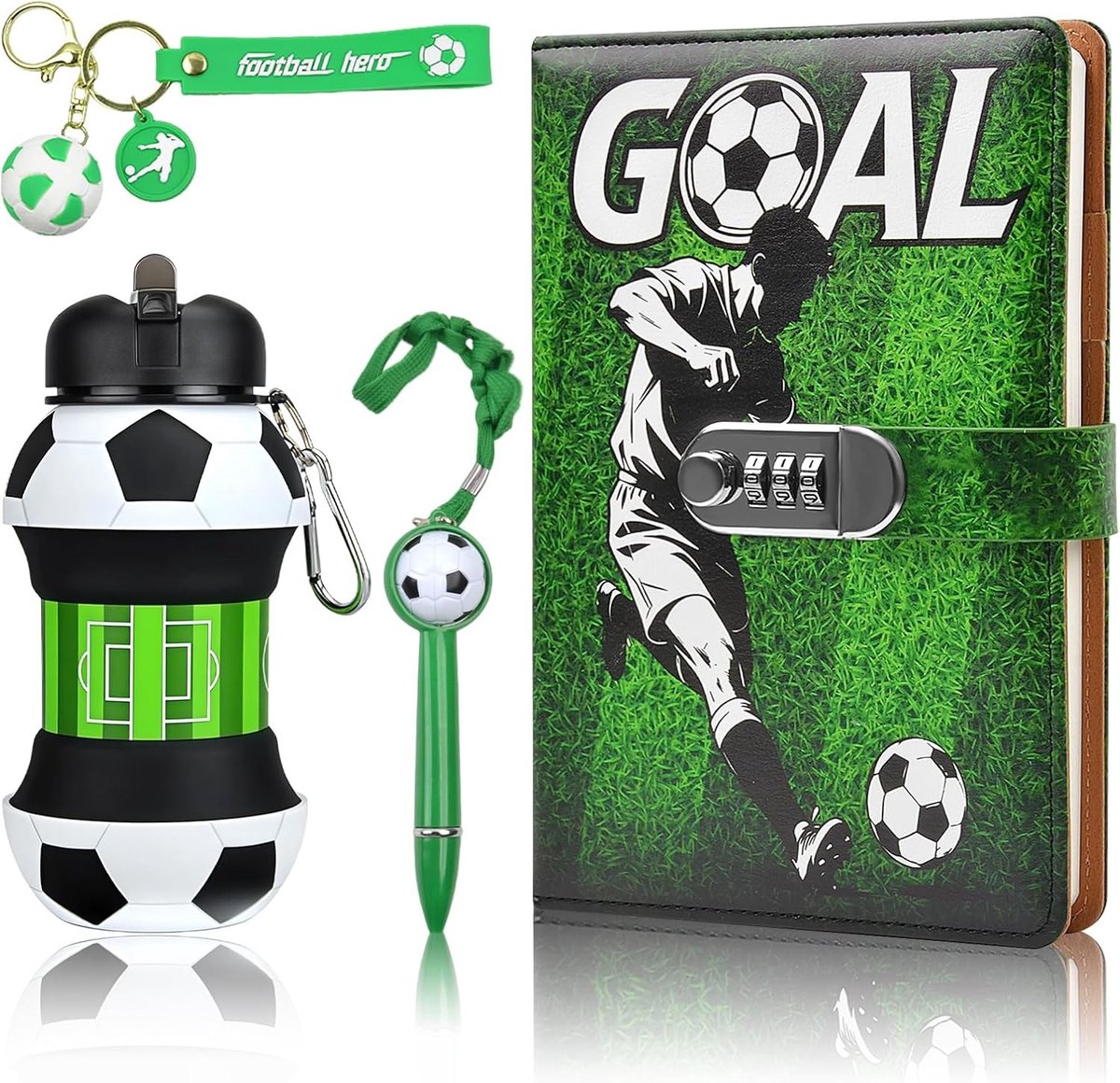 Voetbal Dagboek Set voor Jongens van 6-16 Jaar, Inclusief A5 Dagboek met Slot, Balpen, Opvouwbare Drinkbeker en Sleutelhanger, Perfect voor Creatieve Notities en Sportliefhebbers