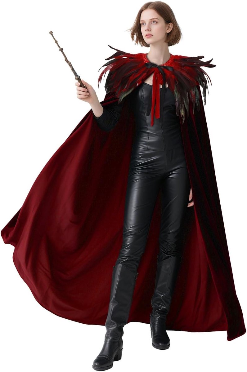 Verkrijgbaar: Luxe Velours Cape voor Mannen en Vrouwen met Gotische Veer Kraag voor Halloween - Rood, Kostuum, Accessoires