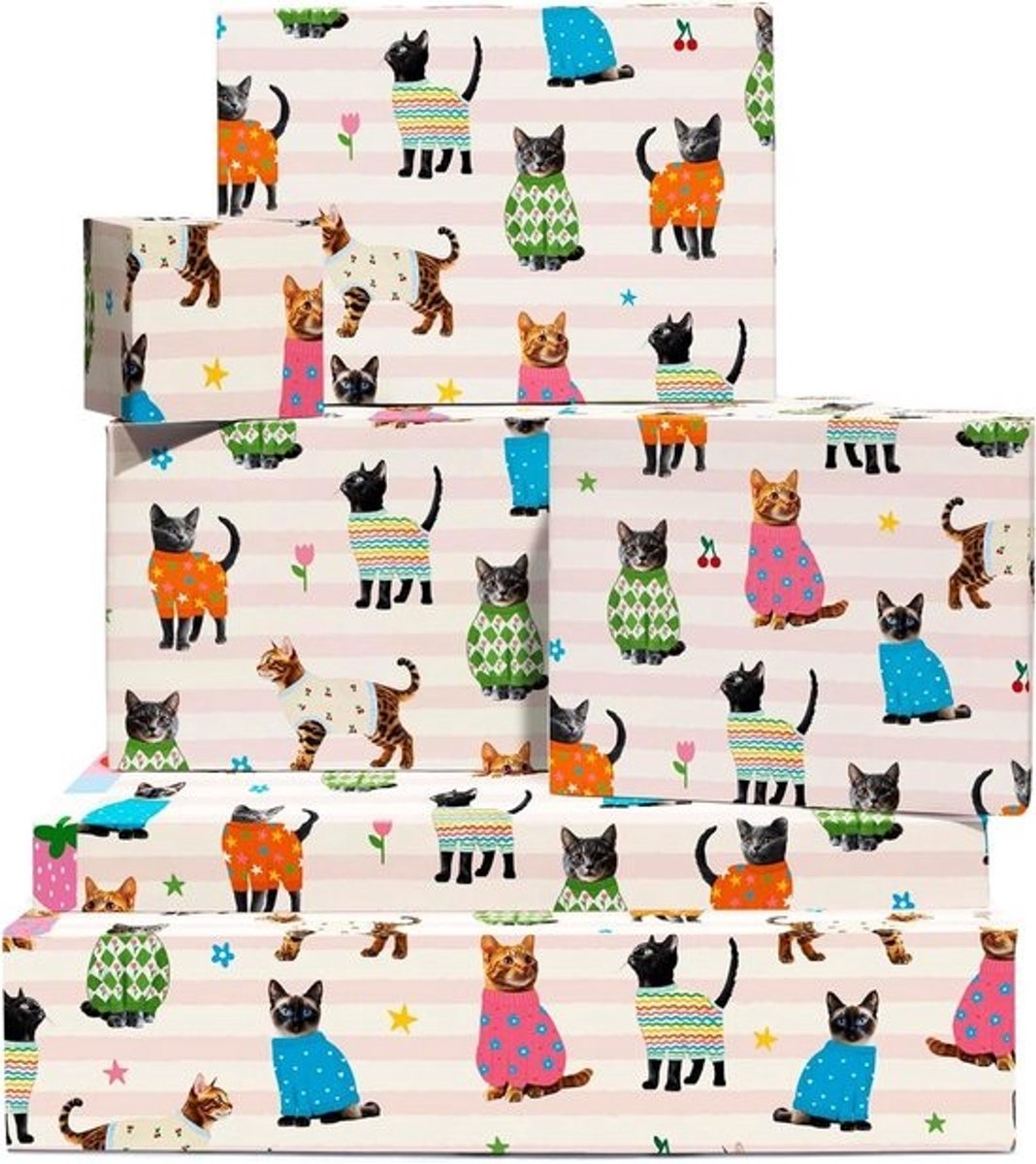 Katten Kerst Inpakpapier - Cadeaupapier Vellen - Cadeaus Versieren - Unieke Ontwerpen - 70 x 50 cm - Veelkleurig